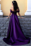 solvbao Purple Satin Long A-Line Prom Dress, Off the Shoulder Evening Dress with Slit