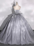 solvbao Gray Strapless Tulle Long Ball Gown, A-Line Evening Dress Formal Dress