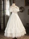 solvbao White Satin Lace Short Prom Dress, Off Shoulder Evening Dress, Wedding Dress