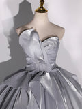 solvbao Gray Strapless Tulle Long Ball Gown, A-Line Evening Dress Formal Dress