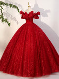 solvbao Red Tulle Long A-Line Ball Gown, Red Off Shoulder Formal Dress