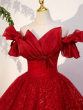 solvbao Red Tulle Long A-Line Ball Gown, Red Off Shoulder Formal Dress