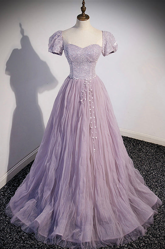 solvbao Purple Tulle Sequins Floor Length Prom Dress, A-Line Evening Party Dress