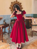 solvbao Burgundy Satin Party Dress with Bow, Cute A-Line Short Sleeve Homecoming Dress