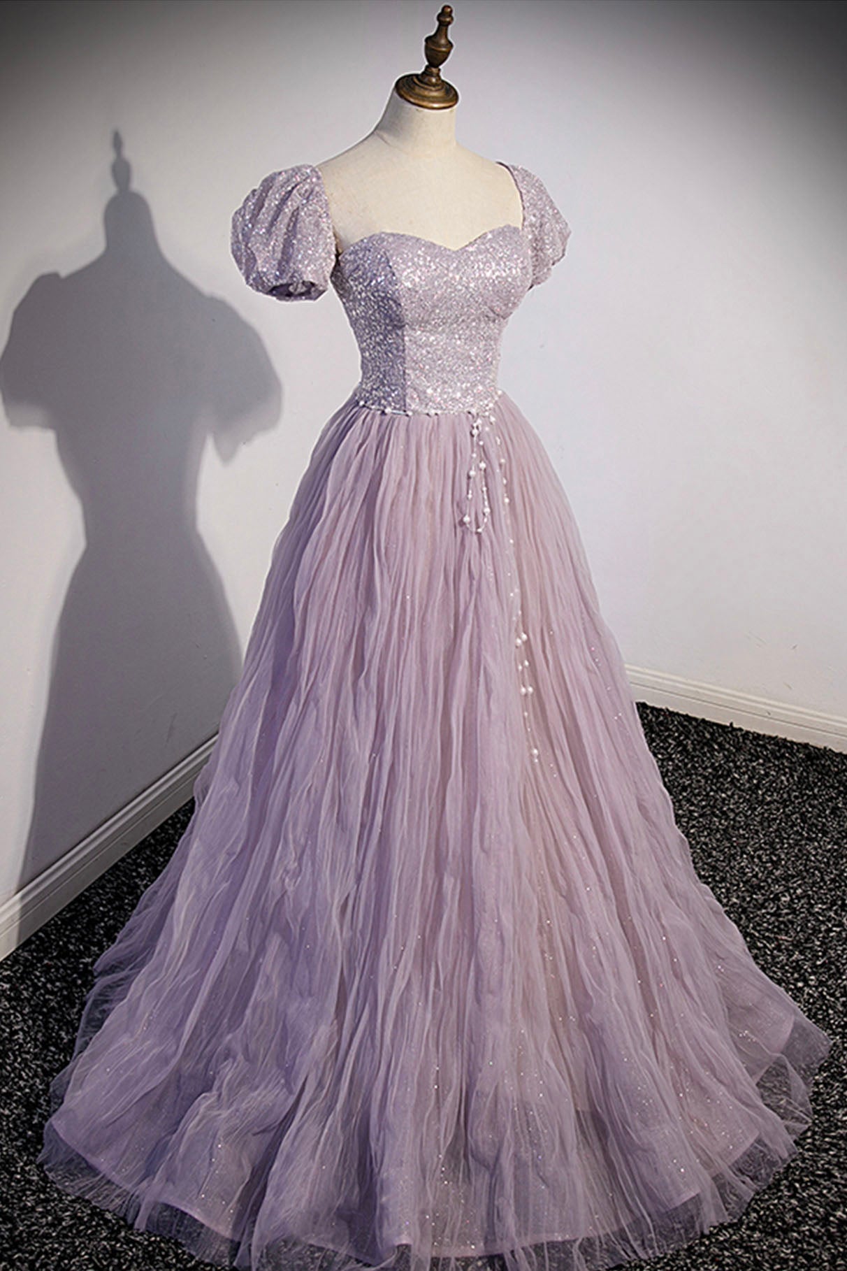 solvbao Purple Tulle Sequins Floor Length Prom Dress, A-Line Evening Party Dress