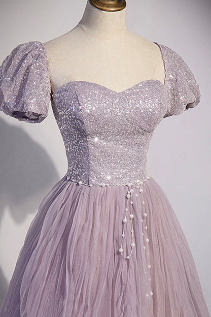 solvbao Purple Tulle Sequins Floor Length Prom Dress, A-Line Evening Party Dress