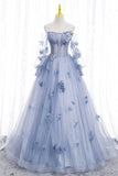 solvbao Blue Tulle Long Sleeve Prom Dress, A-Line Off the Shoulder Evening Gown