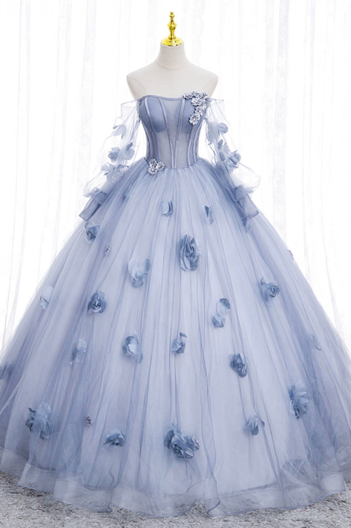 solvbao Blue Tulle Long Sleeve Prom Dress, A-Line Off the Shoulder Evening Gown