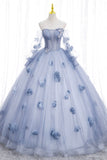 solvbao Blue Tulle Long Sleeve Prom Dress, A-Line Off the Shoulder Evening Gown