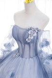 solvbao Blue Tulle Long Sleeve Prom Dress, A-Line Off the Shoulder Evening Gown