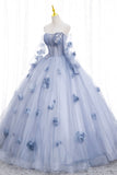 solvbao Blue Tulle Long Sleeve Prom Dress, A-Line Off the Shoulder Evening Gown