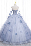 solvbao Blue Tulle Long Sleeve Prom Dress, A-Line Off the Shoulder Evening Gown