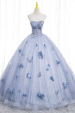 solvbao Blue Tulle Long Sleeve Prom Dress, A-Line Off the Shoulder Evening Gown