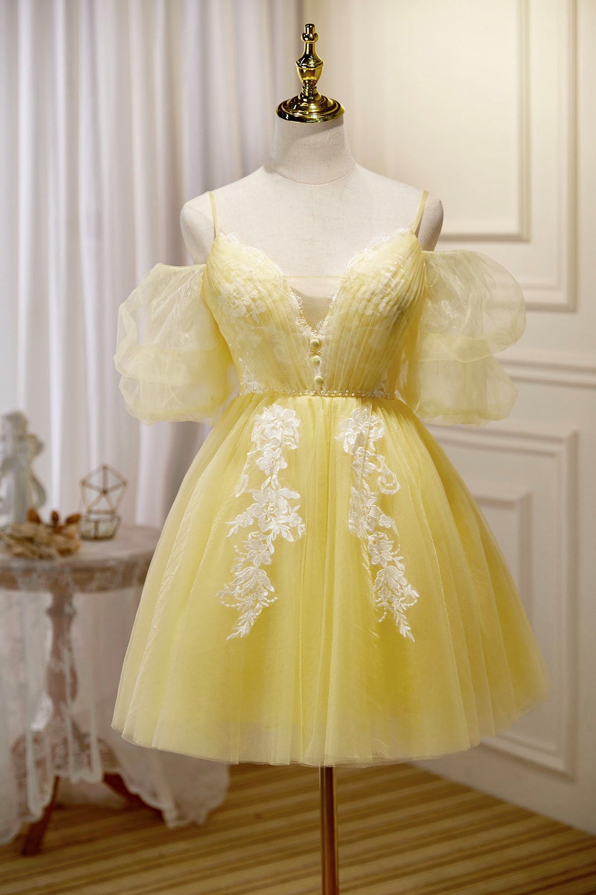 solvbao Yellow Lace Short Prom Dress, Off the Shoulder Homecoming Dress