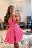 solvbao Pink V-Neck Sequins Short Prom Dresses, A-Line Party Dresses