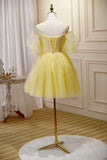 solvbao Yellow Lace Short Prom Dress, Off the Shoulder Homecoming Dress