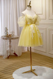 solvbao Yellow Lace Short Prom Dress, Off the Shoulder Homecoming Dress