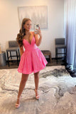 solvbao Pink V-Neck Sequins Short Prom Dresses, A-Line Party Dresses