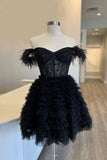 solvbao Black Tulle Knee Length Prom Dress, Black Off Shoulder Evening Dress