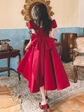 solvbao Burgundy Satin Party Dress with Bow, Cute A-Line Short Sleeve Homecoming Dress