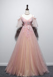 solvbao Pink V-Neck Lace Long Prom Dresses, A-Line Evening Dresses