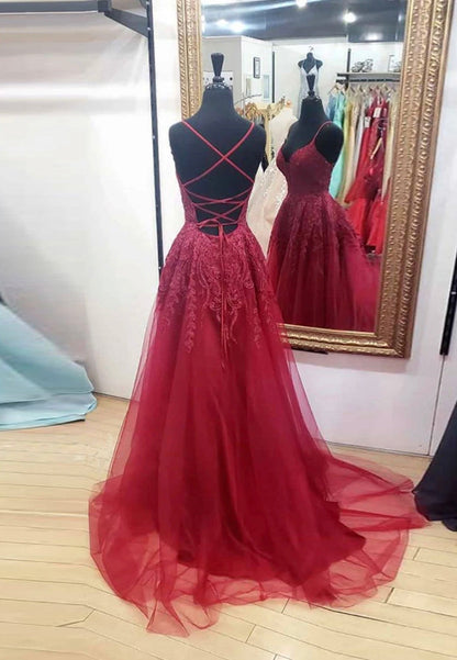 solvbao Burgundy V-Neck Lace Long Prom Dresses, A-Line Evening Dresses