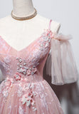 solvbao Pink V-Neck Lace Long Prom Dresses, A-Line Evening Dresses