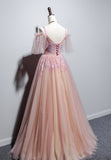 solvbao Pink V-Neck Lace Long Prom Dresses, A-Line Evening Dresses