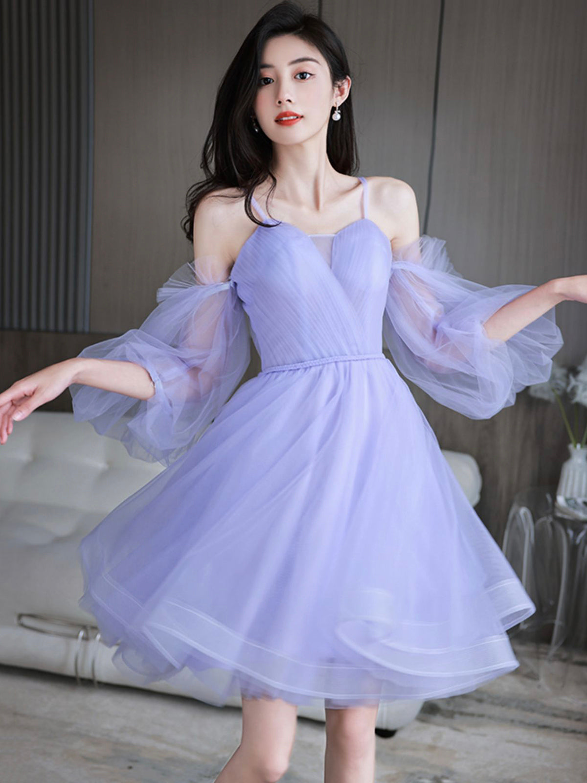 solvbao Lovely Lavender Short Prom Dress, Off the Shoulder Homecoming Dress Party Dress