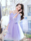 solvbao Lovely Lavender Short Prom Dress, Off the Shoulder Homecoming Dress Party Dress