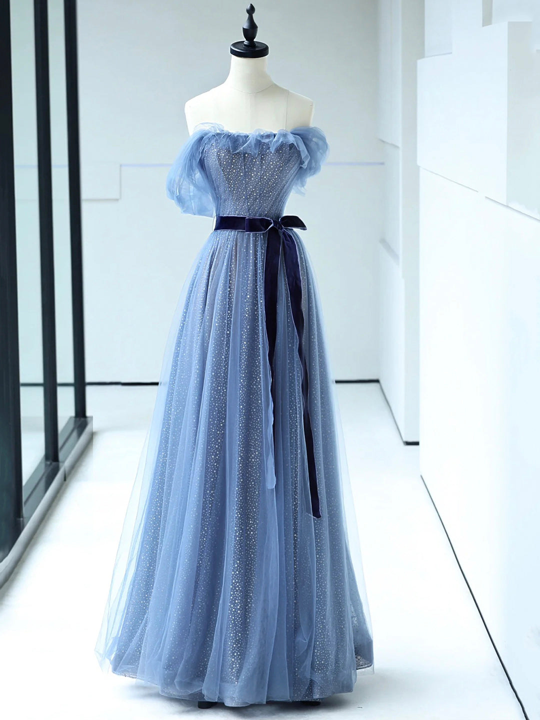 solvbao Strapless Tulle Blue Floor Length Prom Dress, A-Line Blue Evening Party Dress