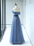 solvbao Strapless Tulle Blue Floor Length Prom Dress, A-Line Blue Evening Party Dress