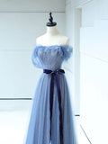 solvbao Strapless Tulle Blue Floor Length Prom Dress, A-Line Blue Evening Party Dress