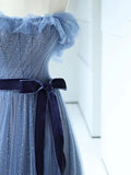 solvbao Strapless Tulle Blue Floor Length Prom Dress, A-Line Blue Evening Party Dress