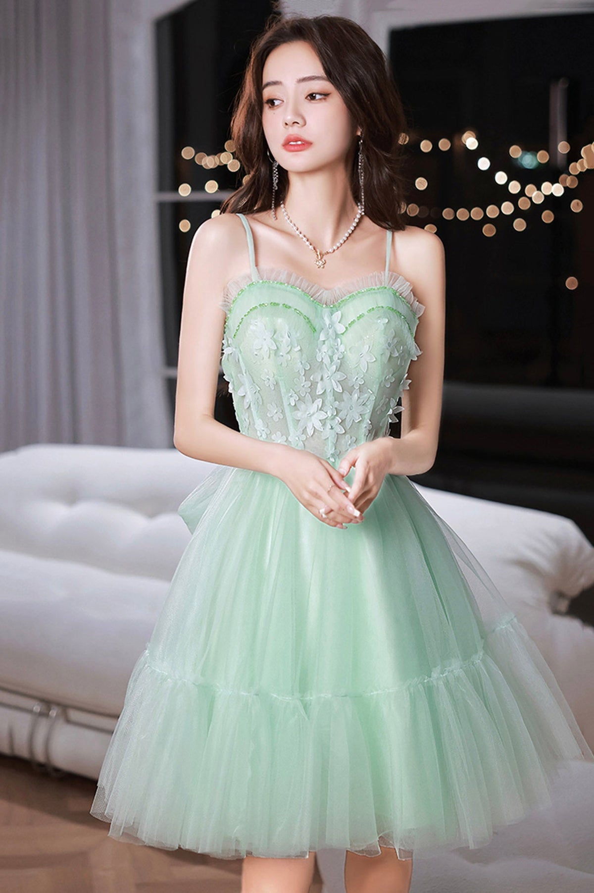 solvbao Green Tulle Lace Short Prom Dress, A-Line Evening Party Dress