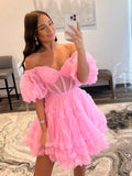 solvbao Cute A Line Sweetheart Pink Tulle Short Homecoming Dresses