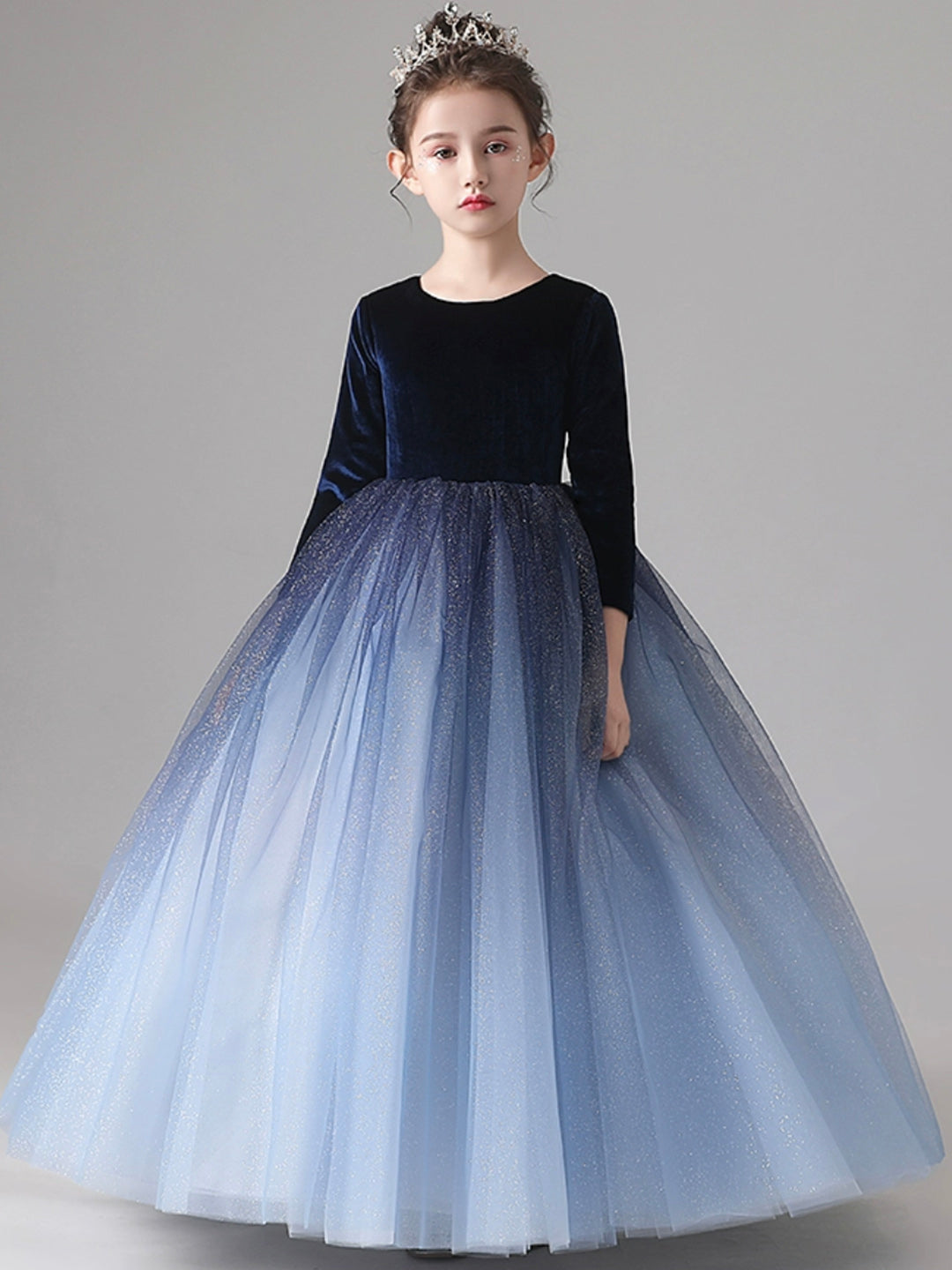 solvbao Blue Velvet Tulle Flower Girl Dress, Long Sleeve Party Dress