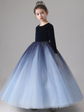 solvbao Blue Velvet Tulle Flower Girl Dress, Long Sleeve Party Dress