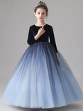 solvbao Blue Velvet Tulle Flower Girl Dress, Long Sleeve Party Dress