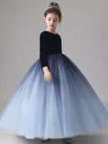 solvbao Blue Velvet Tulle Flower Girl Dress, Long Sleeve Party Dress