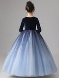 solvbao Blue Velvet Tulle Flower Girl Dress, Long Sleeve Party Dress