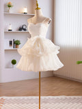 solvbao White Tulle Sweetheart Short Prom Dress, White Tulle Straps Party Dress