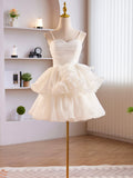 solvbao White Tulle Sweetheart Short Prom Dress, White Tulle Straps Party Dress