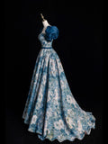 solvbao Blue Printed Long Ball Gown, Elegant A-Line Short Sleeve Evening Dress