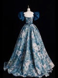 solvbao Blue Printed Long Ball Gown, Elegant A-Line Short Sleeve Evening Dress