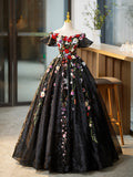 solvbao Black Tulle Long Prom Dress with Lace Flowers, Beautiful Off Shoulder Evening Gown