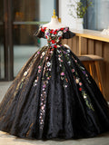 solvbao Black Tulle Long Prom Dress with Lace Flowers, Beautiful Off Shoulder Evening Gown