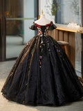 solvbao Black Tulle Long Prom Dress with Lace Flowers, Beautiful Off Shoulder Evening Gown