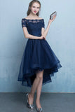 solvbao Blue Tulle Lace Short Prom Dress, High Low Evening Party Dress