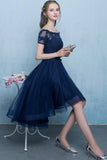 solvbao Blue Tulle Lace Short Prom Dress, High Low Evening Party Dress